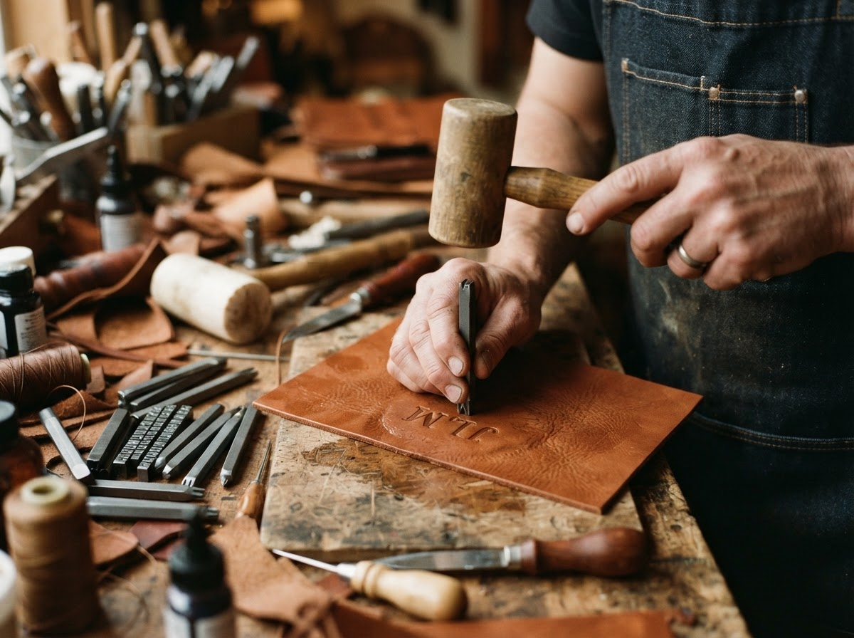 Hands tooling a personalized monogram into warm brown leather with stamping tools