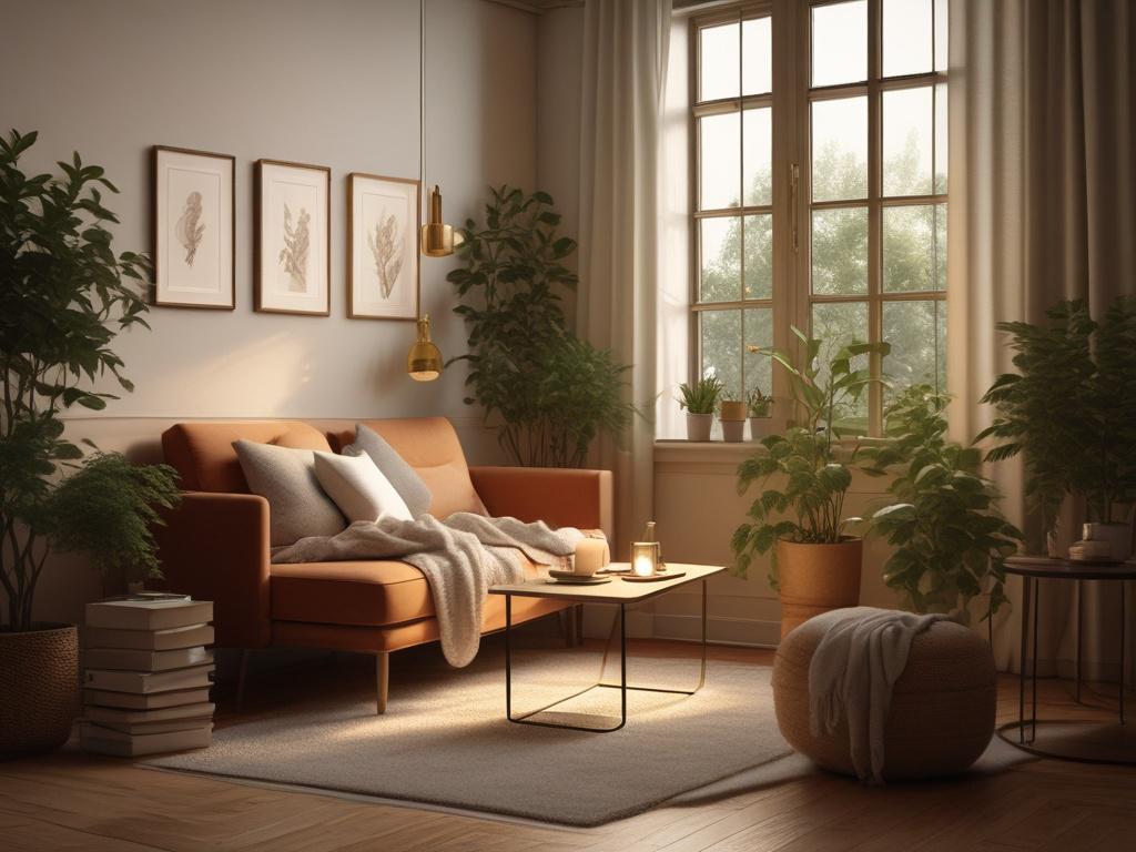 A serene room with soft golden lighting showcasing a cozy