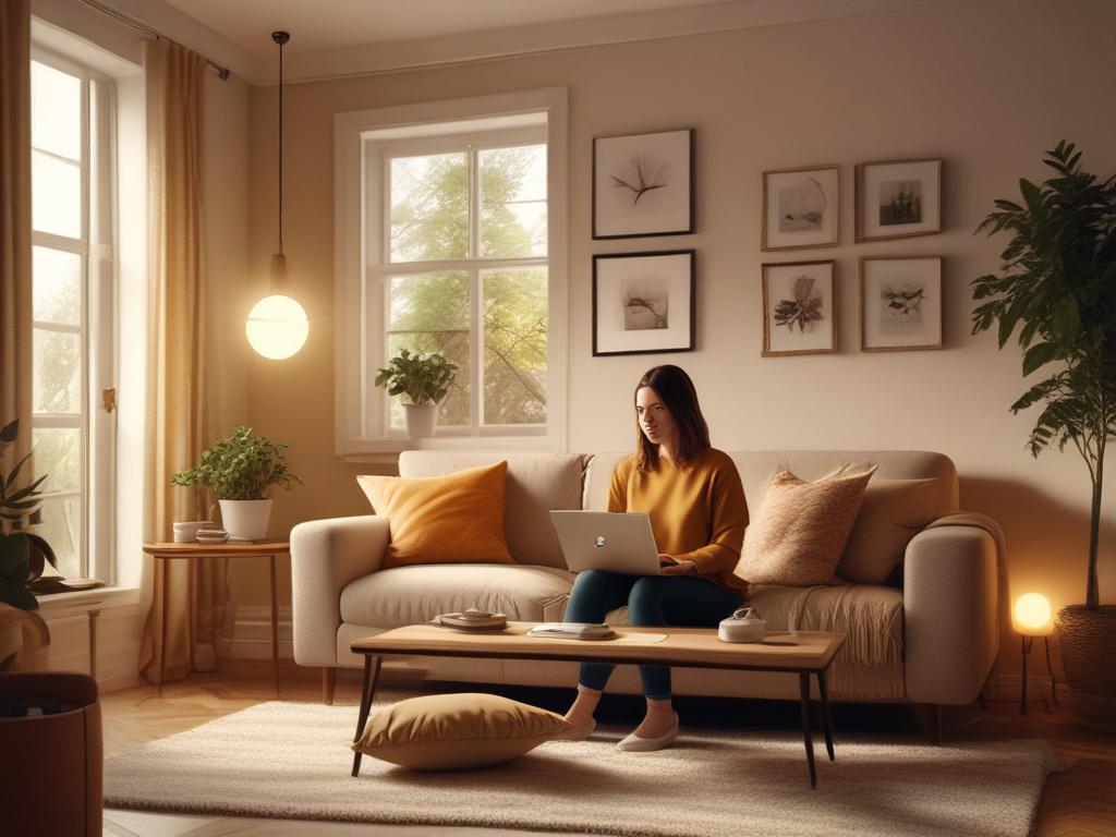 a cozy living room with a person analyzing a budget
