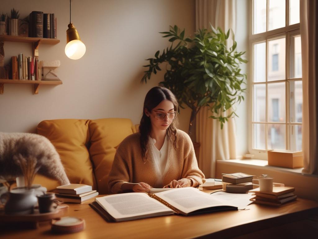 a serene workspace with a person reading a book on