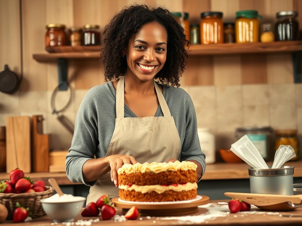 A cozy kitchen scene featuring a smiling woman of a