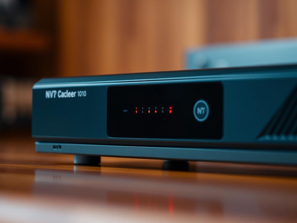 A hyper-realistic close-up shot of a Network Video Recorder (NVR) device, showcasing its sleek design and front panel with LED indicators. The background should be softly blurred to emphasize the NVR, with a warm, inviting color palette that complements the primary color of rgb(188, 28, 28). The lighting should highlight the texture and details of the device, making it the focal point of the image.