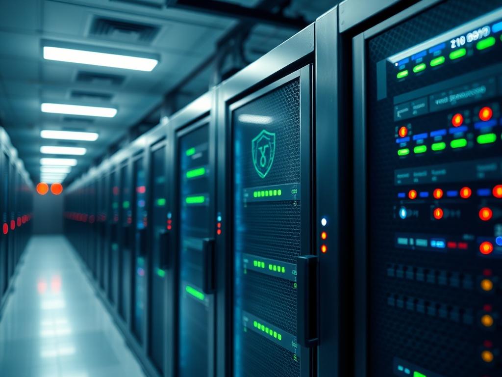 A close-up shot of a modern data storage facility with rows of secure servers and blinking lights. The focus is on one server unit, showcasing its sleek design and technological features. The background should be slightly blurred to emphasize the server, creating a sense of security and advanced technology. The lighting should be cool-toned, highlighting the metallic surfaces, and the overall composition should convey a feeling of reliability and modernity.
