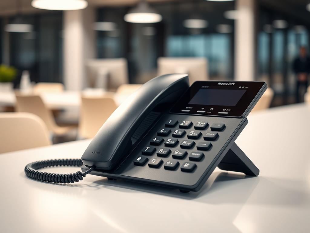 A hyper-realistic close-up shot of a sleek, modern IP phone on a clean, minimalistic desk. The phone should be black with a digital display and clear buttons, placed against a soft-focus background of an office environment. The lighting should be bright and inviting, capturing the details of the phone, showcasing its modern design.