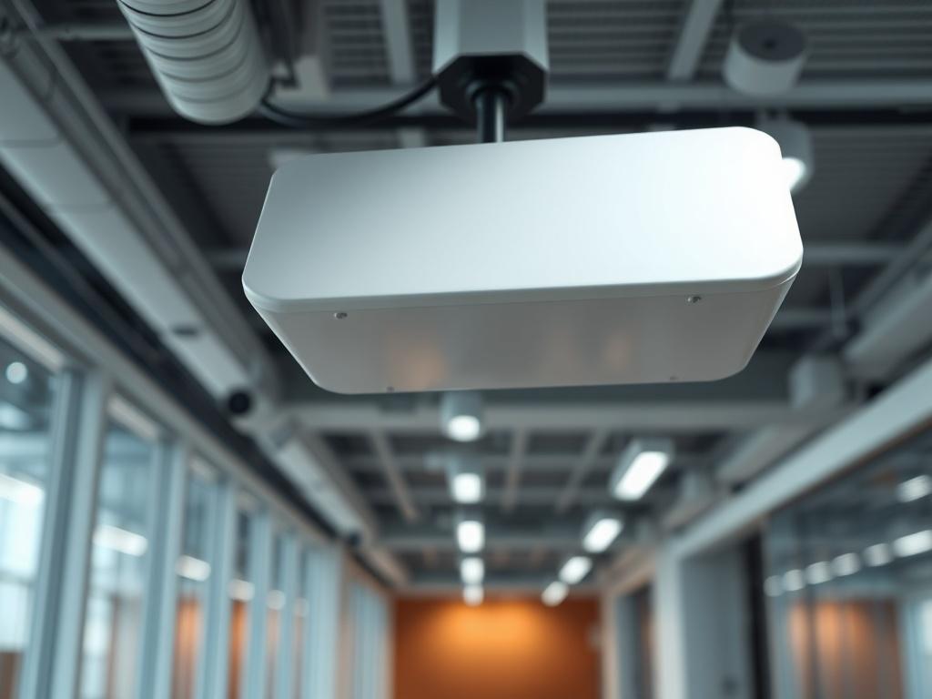 A hyper-realistic close-up shot of a Distributed Antenna System installation in a modern corporate office. The image should focus on the antenna equipment mounted on a ceiling with the office environment softly blurred in the background. The lighting should be bright and inviting, showcasing the sleek design of the antenna while emphasizing its functionality in enhancing connectivity.