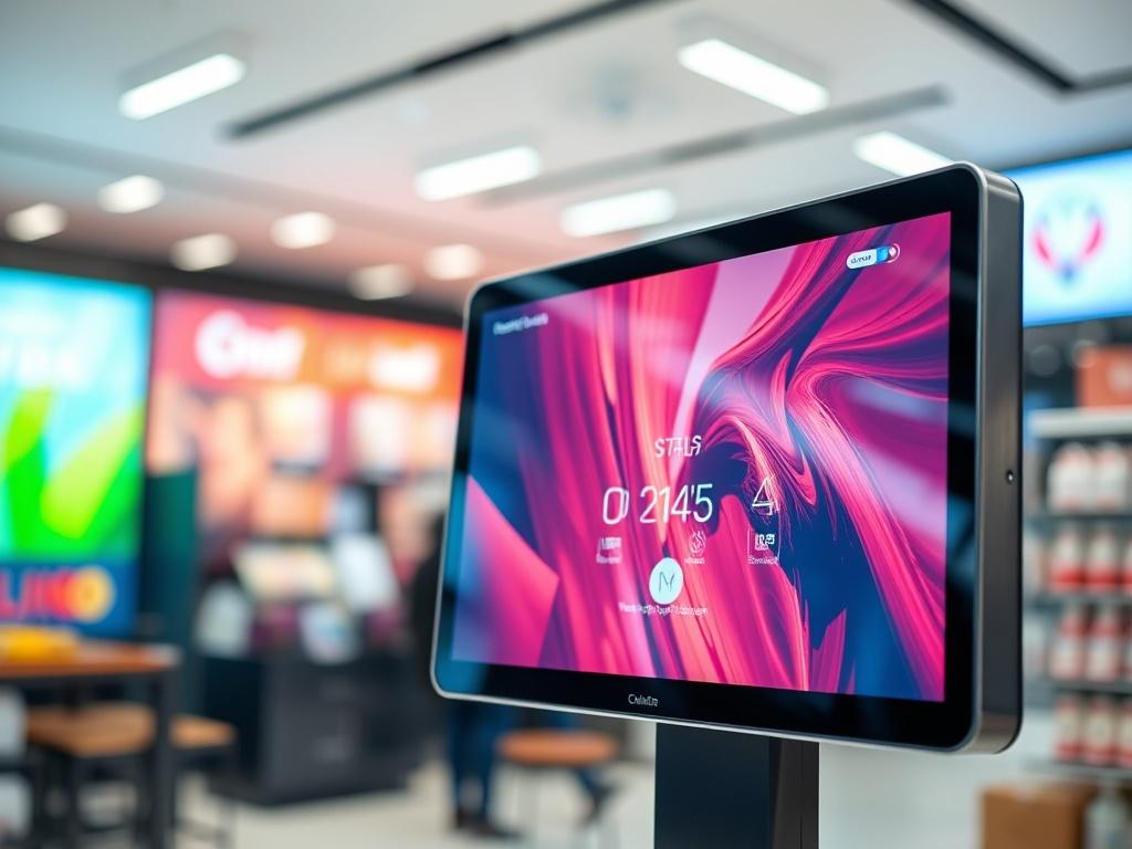 A high-resolution close-up shot of a sleek digital signage screen displaying vibrant and colorful graphics. The screen is centered in the composition, with a blurred background showcasing a modern retail environment. The lighting is bright and inviting, emphasizing the clarity and sharpness of the digital content. The color palette includes rich reds and complementary tones to highlight the product's vibrant display.