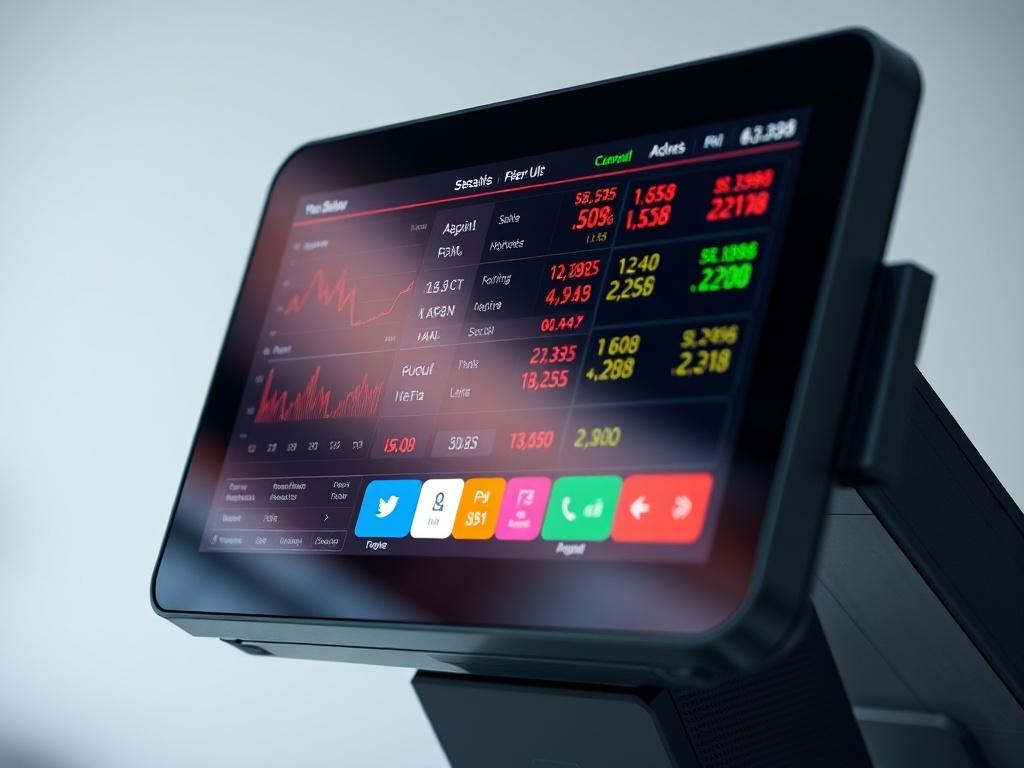 A realistic high-resolution close-up shot of a modern POS system with a sleek touchscreen interface, set against a simple, clean background. The focus is on the device displaying vibrant sales data, with subtle reflections highlighting its advanced technology. The color palette should harmonize with the rgb(188, 28, 28) primary color, creating a visually appealing image that captures the essence of an efficient point-of-sale solution.