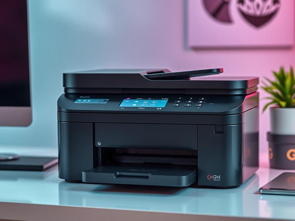 A hyper-realistic close-up shot of a modern printer, showcasing its sleek design and features. The printer should be placed on a clean, minimalistic desk with soft lighting that highlights its shiny surface. The background should be blurred to keep the focus on the printer, emphasizing its functionality and style. The color scheme should harmonize with rgb(188, 28, 28), creating a vibrant yet professional look.