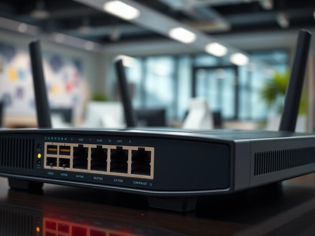 A close-up shot of a modern network router with multiple ports and LED indicators, showcasing its sleek design. The focus should be on the router with a blurred background of a well-organized office space. The lighting should be bright, highlighting the details and textures of the router. The primary color theme should incorporate shades similar to rgb(188, 28, 28) to create a cohesive visual appeal.