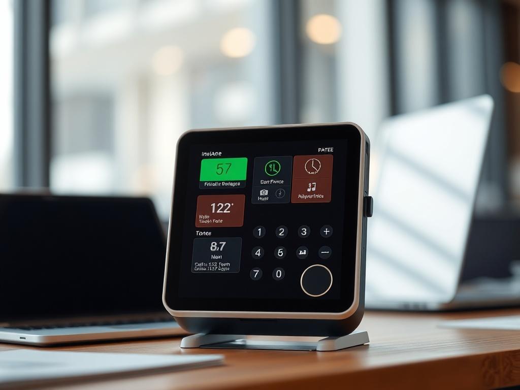 A close-up shot of a modern digital paging device, showing a clear interface with vibrant colors. The background is softly blurred to emphasize the device, with subtle hints of an office environment, such as a desk and a laptop. The image should convey the essence of effective communication and technology, with realistic lighting to highlight the device's features.