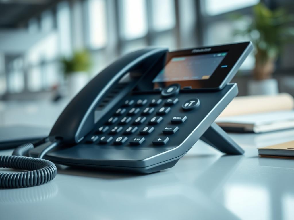 A close-up shot of a modern VOIP phone on a sleek desk, with a soft-focus background of an office environment. The phone should be the only subject, showcasing its buttons and sleek design. The setting should convey a professional atmosphere with natural light illuminating the workspace, emphasizing technology and communication.