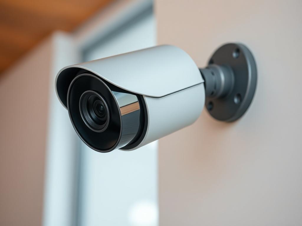 A close-up shot of a sleek, modern IP security camera mounted on a white wall, showcasing its lens and design. The background is blurred to emphasize the camera, with soft lighting that highlights its features. The primary color of the scene is a subtle rgb(188, 28, 28), creating a warm and secure atmosphere.