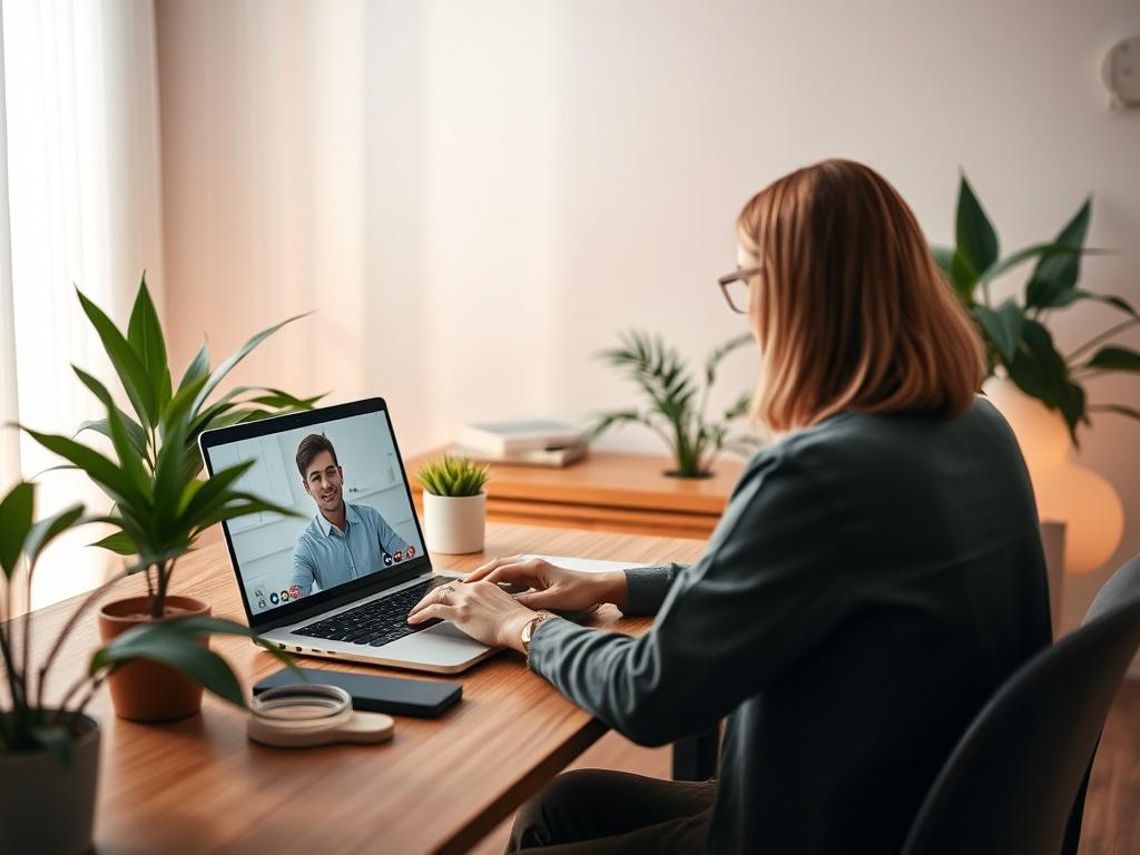 A serene online coaching session taking place in a calm, well-lit environment. The focus is on a coach and a client engaged in a video call, with a laptop on a wooden desk, surrounded by plants and soft lighting. The atmosphere conveys tranquility and focus, emphasizing a supportive coaching relationship.