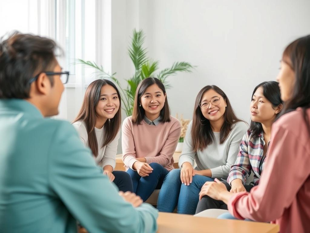 Generate a realistic high-resolution photo of a calm coaching session in a serene environment. The image should feature a diverse group of young professionals, including Asian representation, engaged in a discussion with a coach. The setting should be peaceful, with soft lighting and gentle tones, emphasizing a collaborative and supportive atmosphere. The background should include subtle elements of nature, like plants or soft-colored decor, to enhance the feeling of tranquility.