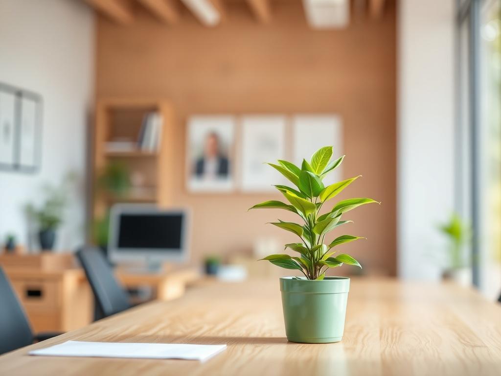 A serene office setting featuring a well-lit workspace with a single, vibrant green potted plant on a wooden desk. The background should show a soft, blurred view of a calming nature scene, creating a peaceful atmosphere. The plant should be the central focus, showcasing its lush leaves and healthy appearance, symbolizing growth and clarity in a professional context.