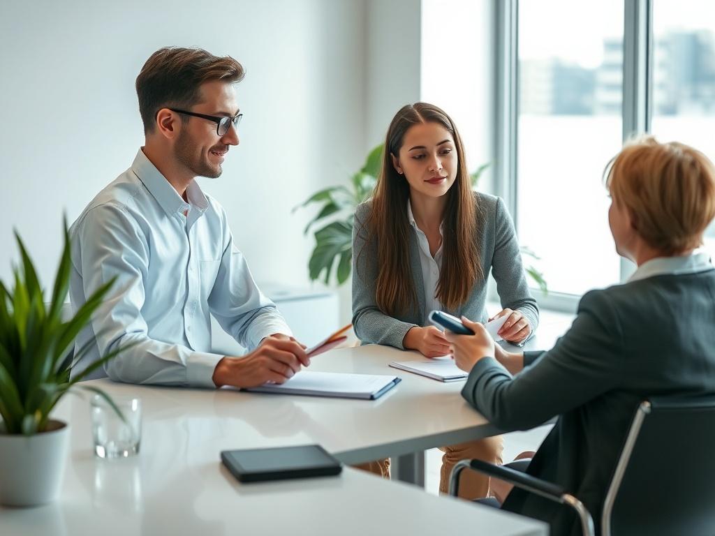 A calm and focused young manager sitting at a desk, engaged in a one-on-one coaching session with a mentor. The setting is serene, with soft lighting and a peaceful atmosphere. The mentor is providing guidance, and the young manager is taking notes, appearing engaged and inspired. The background features a clean, modern office with plants and a window showing a tranquil view.
