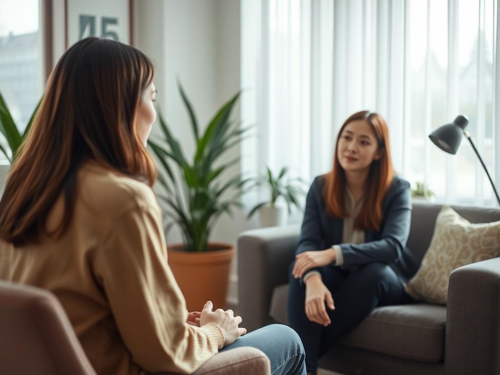 A serene coaching session in a softly lit room, featuring a young professional engaged in a thoughtful conversation with a coach. The background should have calming elements like plants and warm colors, creating a peaceful atmosphere. The focus is on connection and understanding, capturing the essence of leadership coaching.