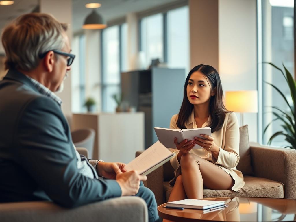 An experienced coach and a mid-level manager engaged in a deep discussion in a modern office space. The setting is warm and inviting, with soft lighting and comfortable seating. The coach gestures thoughtfully, while the manager takes notes, capturing the essence of collaborative learning and growth.