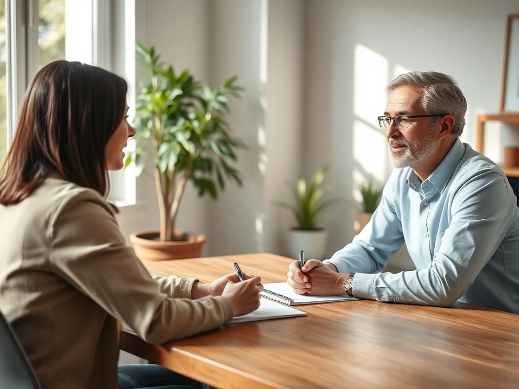 A serene coaching session in a calm office environment, featuring a young professional listening intently to an experienced coach across a wooden table. Soft natural light filters through a window, casting gentle shadows. The atmosphere is peaceful, with greenery in the background and minimalistic decor, reflecting focus and clarity.