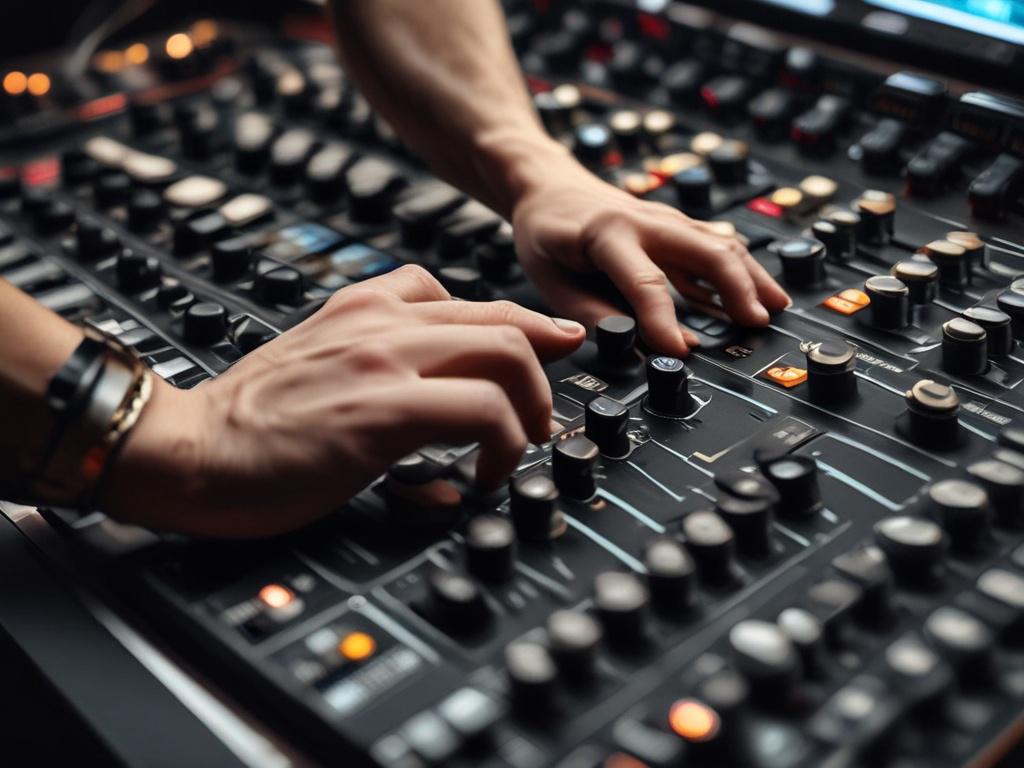 A close-up shot of a professional music producer's hands adjusting mixing console knobs, captured with a 45mm f/1.2 lens style, hyper-realistic, high-resolution photo. The background features soft-focus studio equipment illuminated with warm tones compatible with rgb(193, 153, 87).