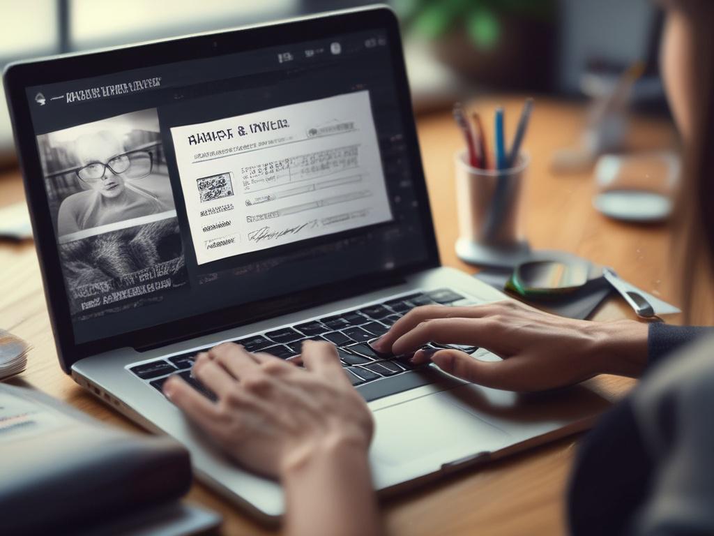 A close-up shot of a creative professional typing content on a laptop with a web design interface visible, captured with a 45mm f/1.2 lens style, hyper-realistic, high-resolution photo. The workspace is bathed in warm tones that align with the rgb(193, 153, 87) color palette.
