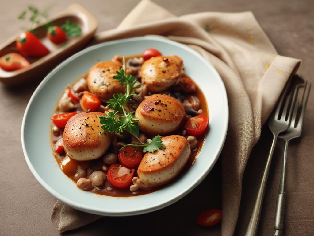 A close-up shot of a beautifully presented dish from a quick and easy recipe, captured with a 45mm f/1.2 lens style. The image is hyper-realistic and high-resolution, showcasing vibrant colors and fresh ingredients. The background is softly blurred with warm tones complementing the rgb(193, 153, 87) primary color, emphasizing the dish as the single subject in clear focus.