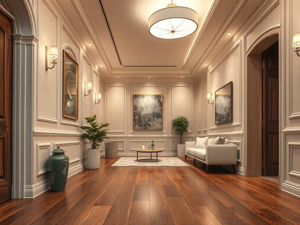 A high-resolution close-up of a beautifully finished interior room showcasing elegant wooden flooring, stylish wall paint, and modern lighting fixtures. The room is well-decorated, emphasizing the quality and attention to detail in interior finishing work.