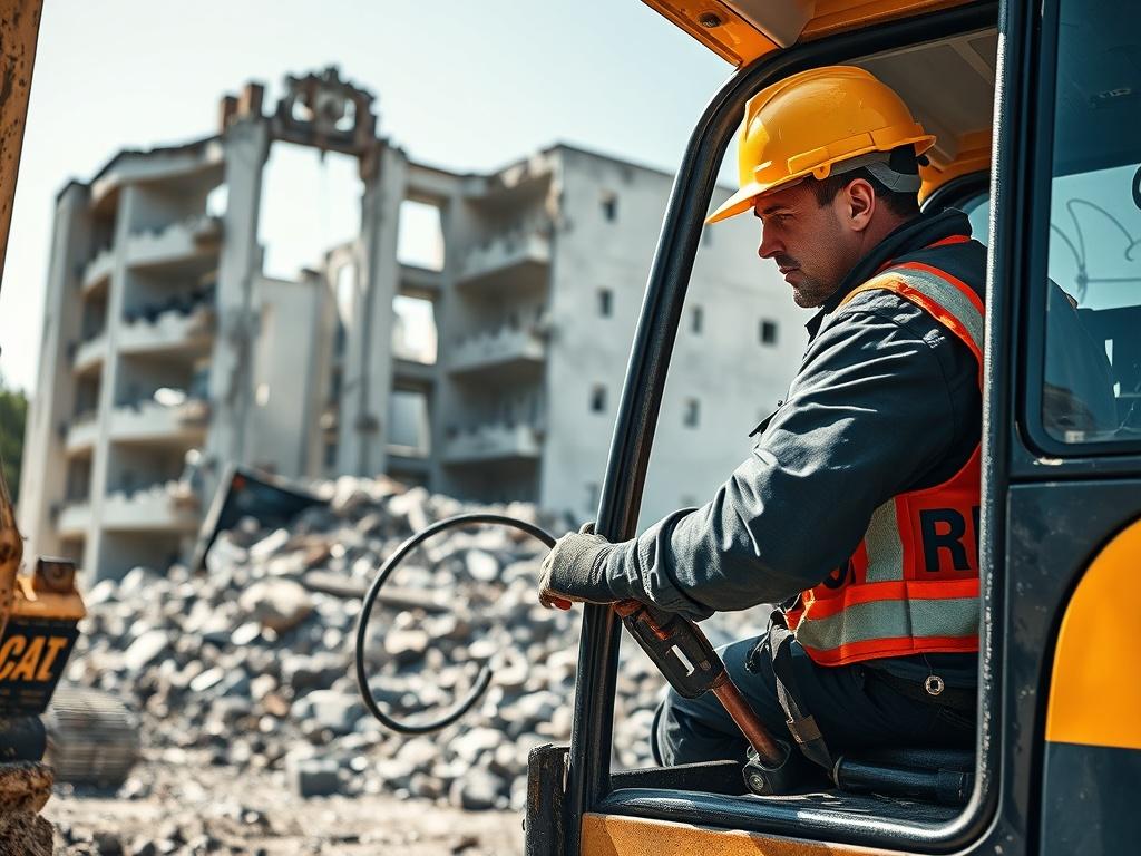 A high-resolution close-up of a construction worker in a safety helmet operating a hydraulic excavator during a controlled demolition process. The background shows a partially demolished building with debris around. The scene is clear and focused, showcasing the professionalism and precision of the work being done.