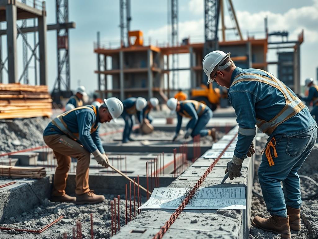 A high-resolution close-up of a construction site with workers laying the foundation of a building. The scene captures the use of concrete and heavy machinery, with construction plans and safety equipment visible. The focus is on the teamwork and quality of work being performed.