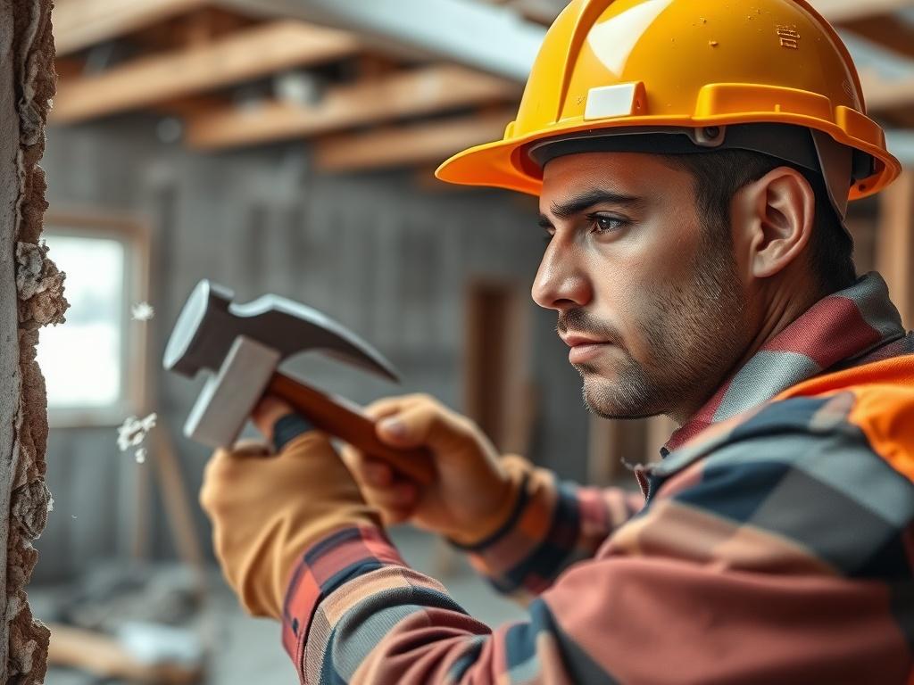 A realistic high-resolution photo of a construction worker in a helmet and safety gear, skillfully demolishing an interior wall with a hammer. The background shows an unfinished room with exposed beams and debris. The focus is on the worker's determined expression and precise actions, showcasing expertise in interior demolition. The color palette should reflect the primary color rgb(50, 170, 39), enhancing the overall composition.