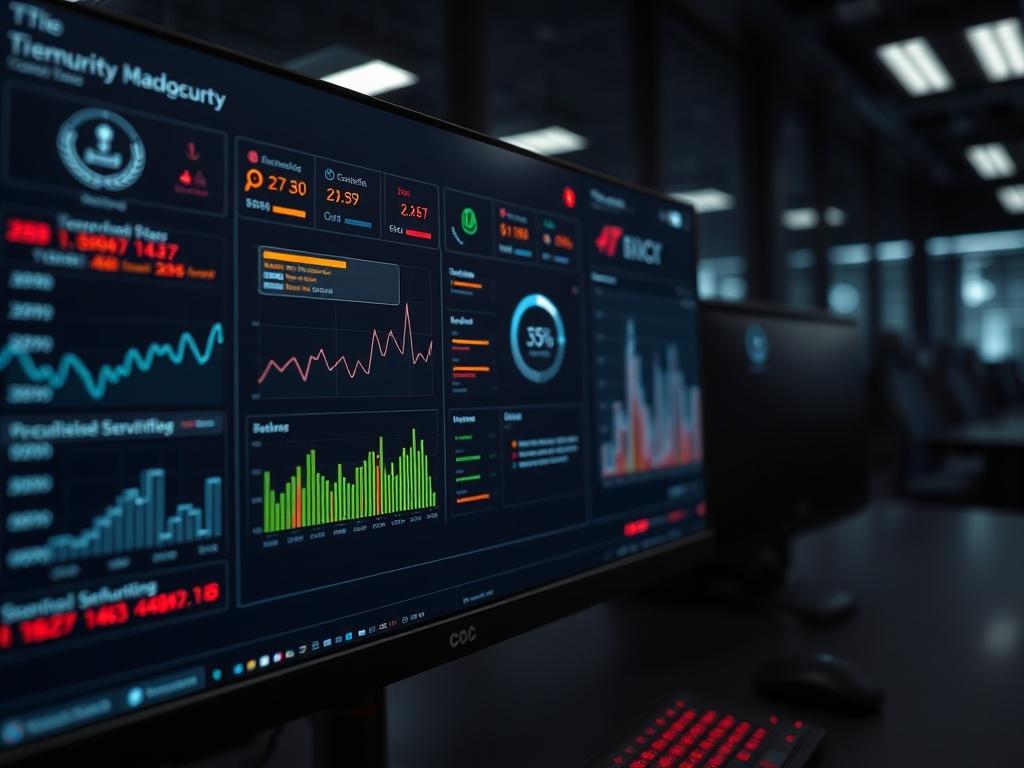 A close-up shot of a high-tech network security system interface, showcasing a sophisticated dashboard with graphs and alerts. The background should be a dark-themed office environment, emphasizing professionalism and technology.