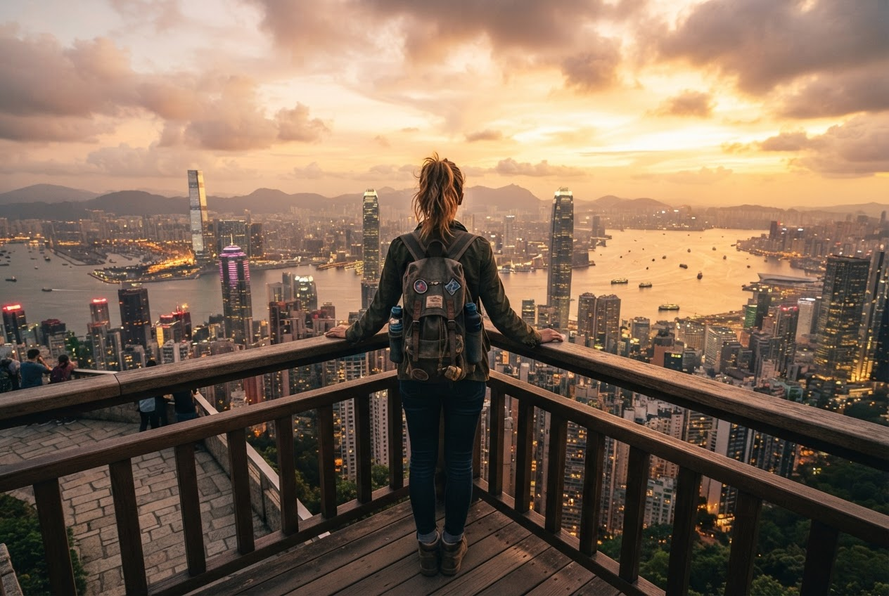 Person overlooking Asian city at sunset