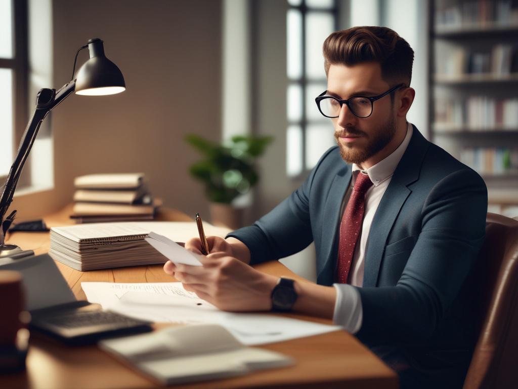 A close-up shot of a confident person reviewing financial documents, showing a positive expression, sitting at a well-lit desk. The background features a cozy and organized workspace with green plants, emphasizing a sense of calm and control.