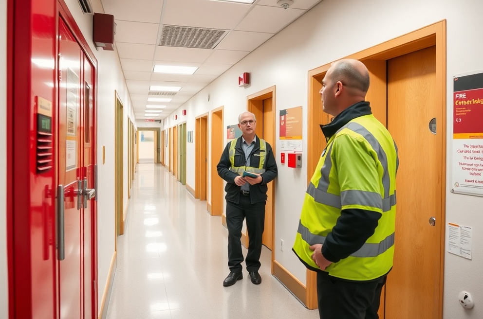 Fire safety inspector examining fire door and safety equipment in UK school corridor