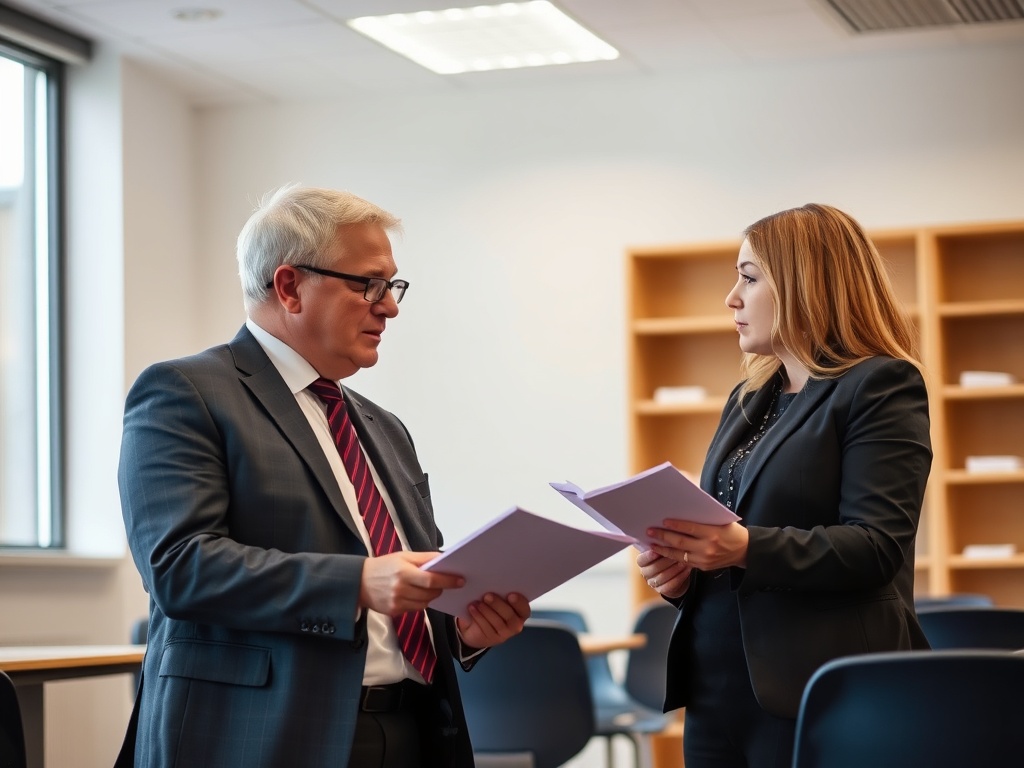 British school headteacher consulting with a health and safety consultant in a professional meeting