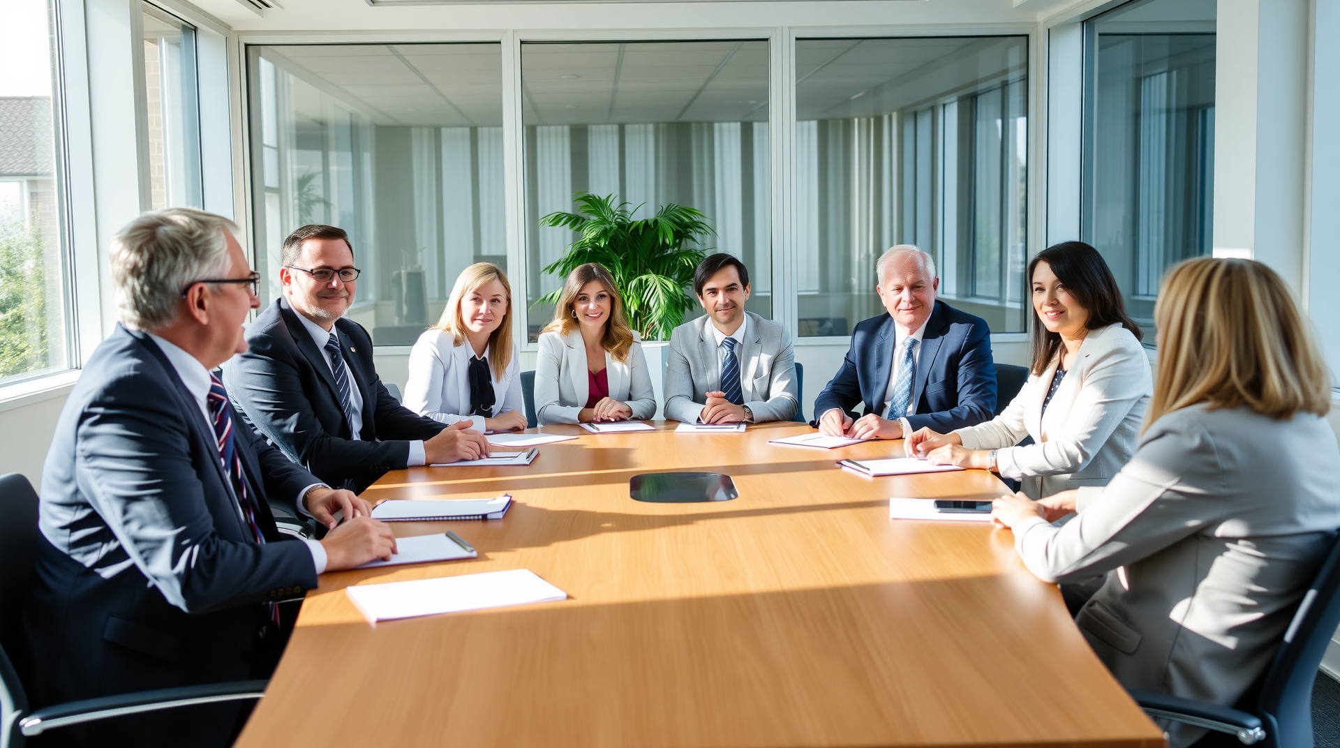 School leadership team meeting around conference table discussing governance and safety