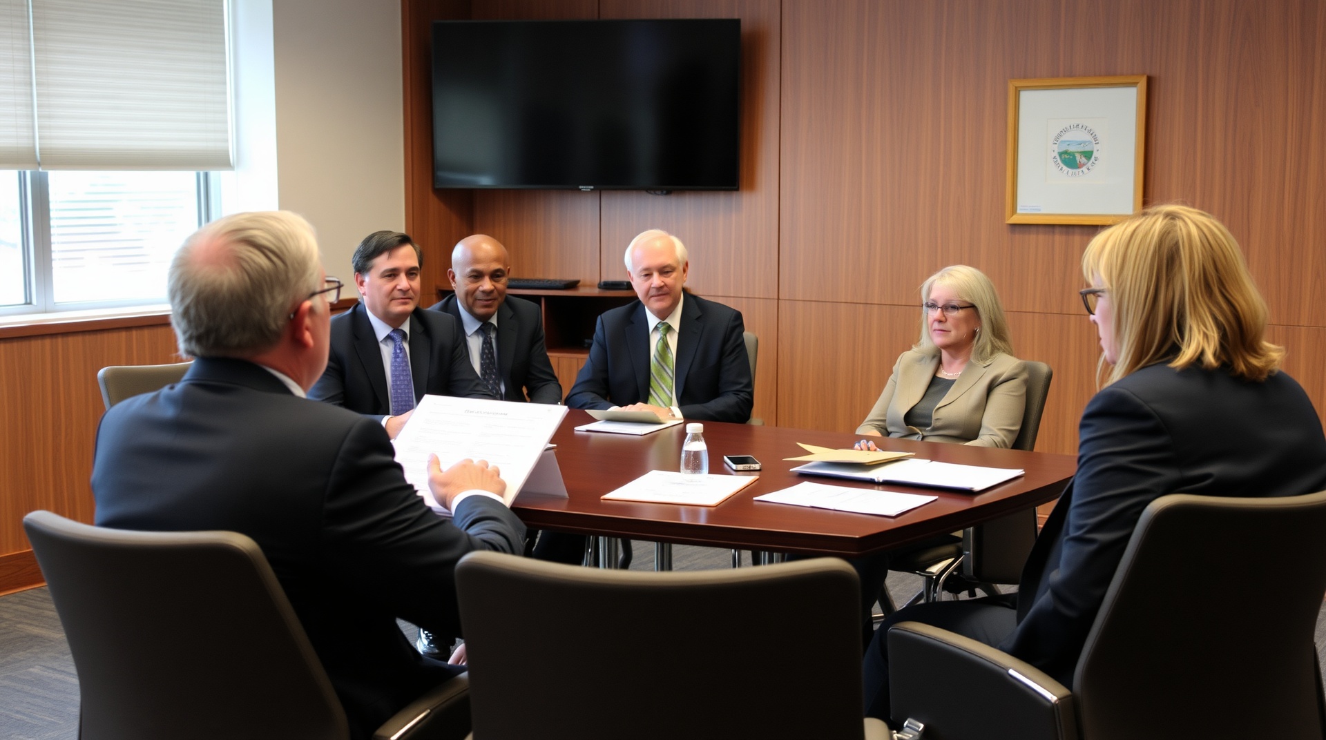 Senior school leaders in governance meeting discussing safety accountability