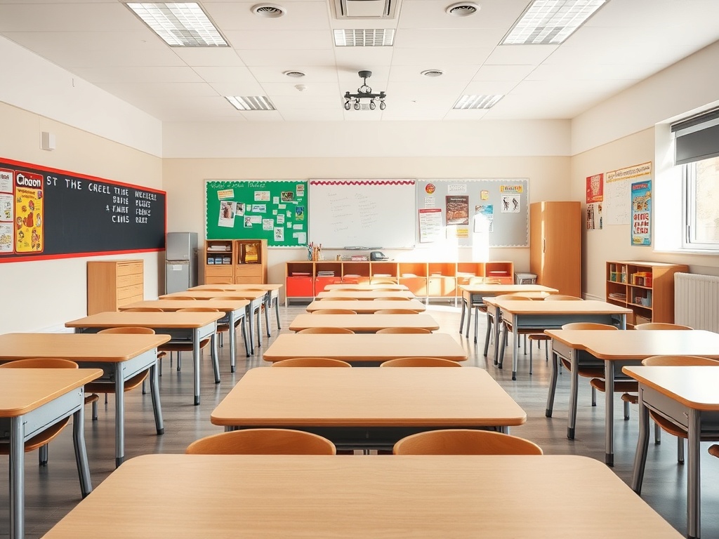 Modern UK school classroom with bright lighting and professional learning environment