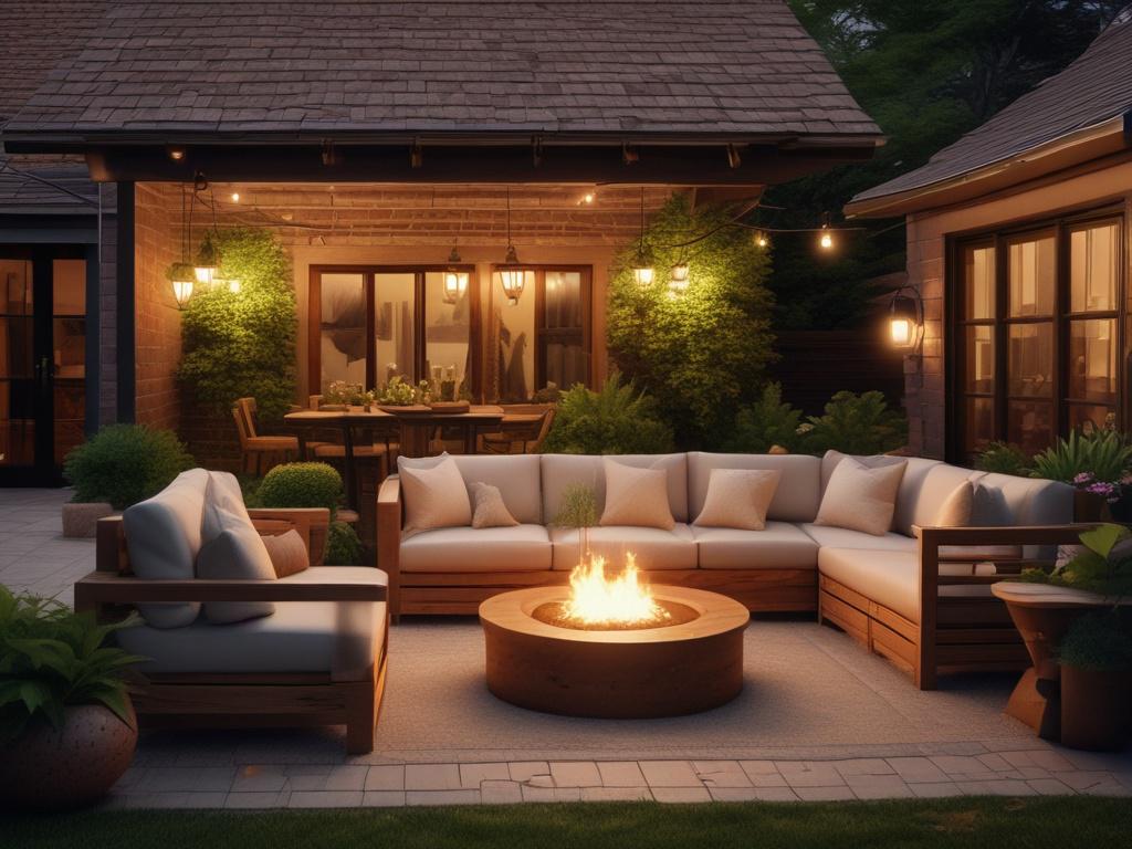A serene outdoor living area featuring elegant outdoor lighting that creates a warm ambiance. The setting includes lush green plants and a cozy seating arrangement with rustic wooden furniture. The background showcases a beautiful sunset casting soft hues, enhancing the natural tones and earthy textures. The scene embodies a grounded and inviting atmosphere, highlighting the beauty of outdoor living.