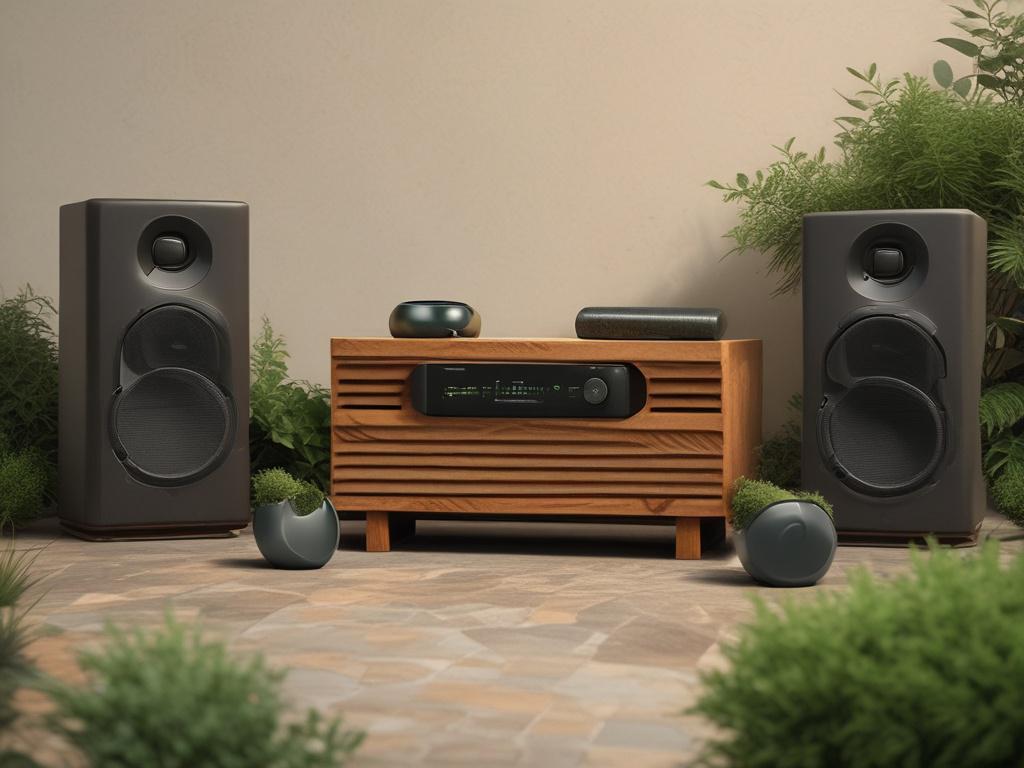 A high-resolution image of the SON GARDEN SERIES 8.1 KIT+AMP outdoor audio system, featuring eight sleek 3.5-inch satellite speakers arranged in a lush garden setting. The speakers should be shown in natural tones, emphasizing their anodized aluminum and sophisticated design. In the background, include greenery and rustic outdoor elements to create a grounded aesthetic. The setting should be bright and inviting, capturing the essence of outdoor living while showcasing the audio system prominently.
