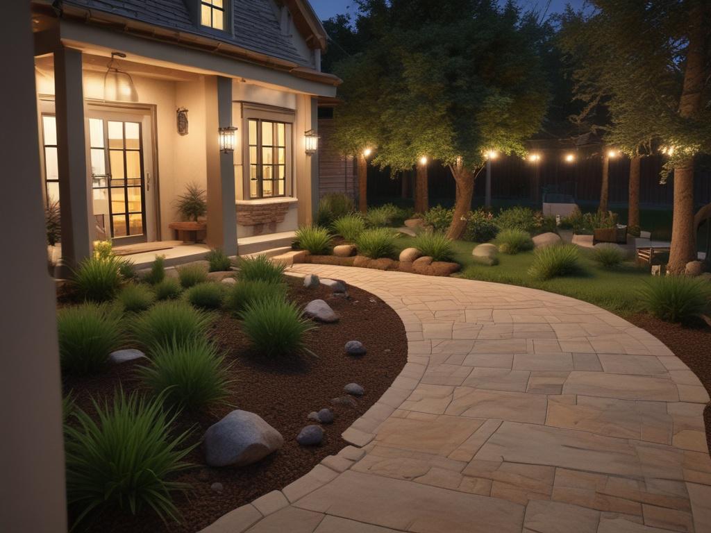 A serene outdoor space featuring lush greenery and beautiful landscaping