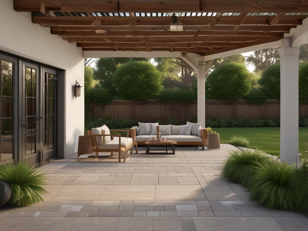 A serene outdoor living space showcasing a beautifully landscaped garden