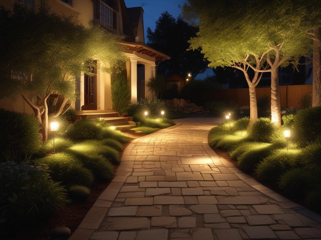 A serene evening scene of a beautifully landscaped yard illuminated