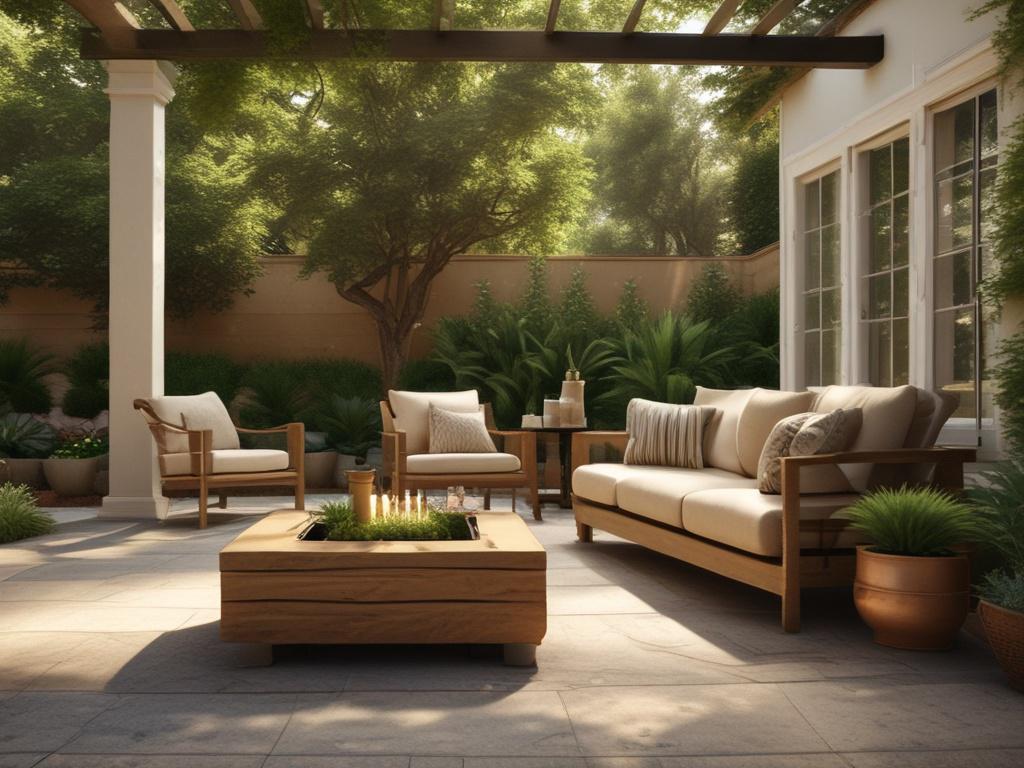 A serene outdoor living space featuring beautifully arranged patio furniture surrounded by lush greenery. The sunlight softly filters through the leaves, casting dappled shadows on the ground. In the background, a subtle water feature adds a calming element to the scene. The color palette includes natural tones and earthy textures, showcasing a rustic aesthetic that embodies relaxation and tranquility.
