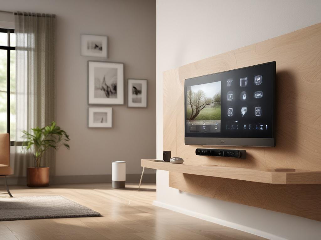 A high-resolution image of a modern smart home security system. Focus on a sleek, high-tech control panel displaying various home security features such as cameras, alarms, and smart locks. The background should feature a cozy living room with natural light flowing in, showcasing earthy textures like wooden furniture and plants. The overall color tone should resonate with natural elements, emphasizing harmony and modernity.