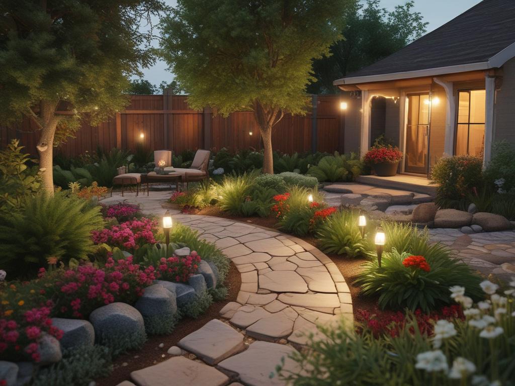 A serene outdoor setting showcasing a beautifully maintained garden with vibrant plants and flowers. The scene includes an elegant outdoor lighting system illuminating the path, along with discreet audio speakers blending seamlessly into the landscape. In the foreground, a pristine car is parked, gleaming under the soft glow of the lights, highlighting the attention to detail in car detailing. The background features lush greenery and rustic elements, creating a warm and inviting atmosphere.