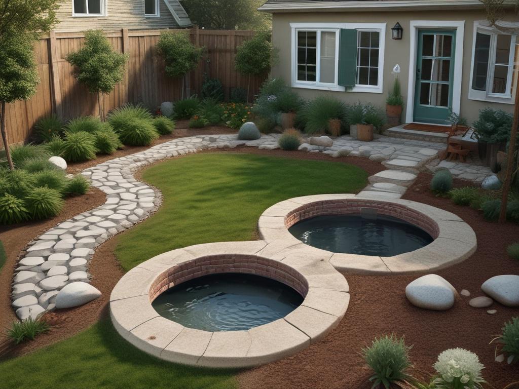 Create a realistic high-resolution image that showcases a well-installed catch basin and French drainage system in a residential yard. The image should focus on the drainage elements, featuring the catch basin and a portion of the French drainage system with corrugated pipe visible. The background should be a lush green lawn, with earthy textures and natural tones that evoke a rustic aesthetic. The composition should be simple, highlighting the functionality and aesthetic appeal of the drainage solution.