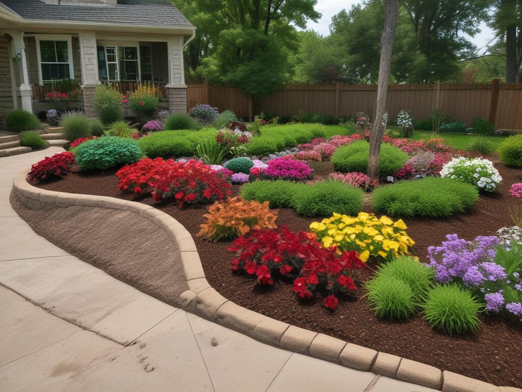 A beautifully landscaped garden showcasing fresh mulch, neatly trimmed plants, and vibrant flowers. The composition should feature a single flower bed with a variety of colorful blooms surrounded by dark, rich mulch. In the background, a small, well-manicured lawn stretches out, with hints of green grass peeking through. The lighting should be warm, evoking a sunny, pleasant day, while earthy textures and natural tones create a grounded, rustic aesthetic.