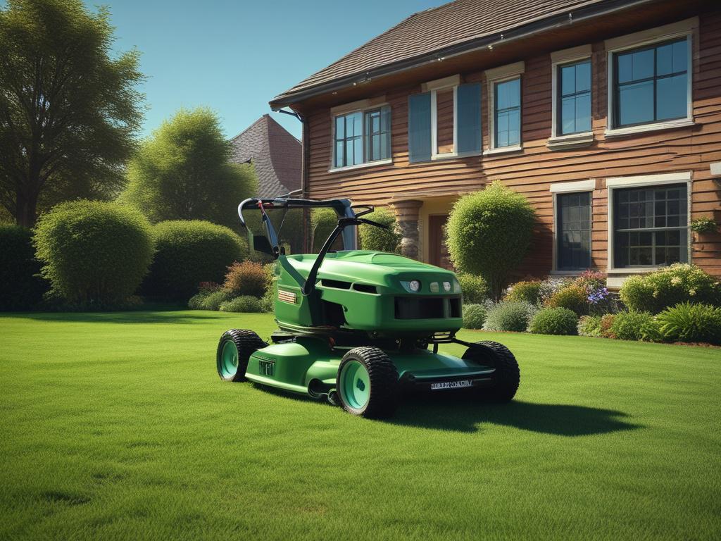 A vivid and realistic image of a lush green lawn being mowed, showcasing a professional lawn mower in action. The composition should emphasize the freshly cut grass with a clear blue sky in the background. The scene should reflect a serene outdoor setting, with earthy textures and natural tones, highlighting the beauty of a well-maintained yard. The focus should be on the lawn mower as the main subject, capturing the essence of expert lawn mowing services.
