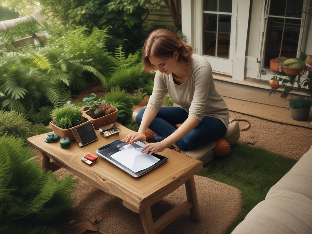 A cozy outdoor living space featuring a person interacting with a tablet or smartphone, surrounded by lush greenery and well-maintained landscaping. The focus is on the individual as they engage with apps on their device, demonstrating a connection to outdoor living. The background should include elements of irrigation systems and outdoor lighting, with natural tones and earthy textures, creating a grounded and rustic aesthetic.